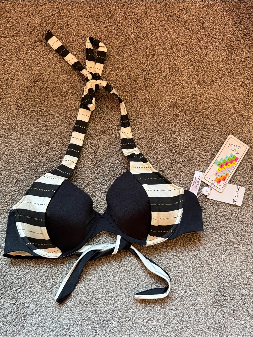 Adonna Black and White Striped Halter Bikini Top